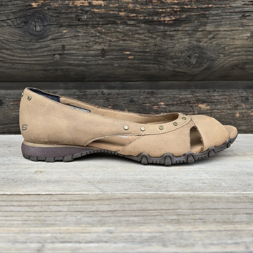 Skechers Bikers Y2K Boho Minimalist Nubuck Studded Peep Toe Comfort Flats 9.5M